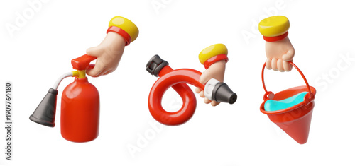 A set of 3D icons of hands holding a cone-shaped bucket, hose, and fire extinguisher.