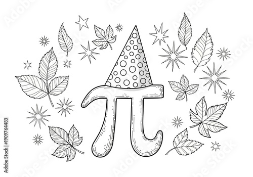 A black and white illustration of a pi symbol wearing a party hat