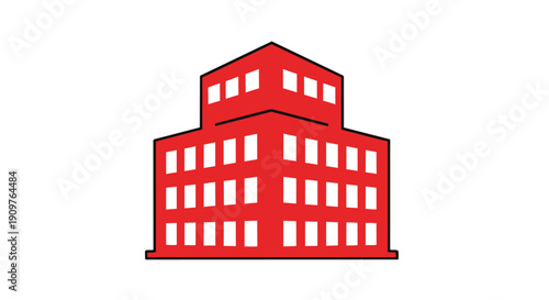 A red building icon with multiple windows and a simple design