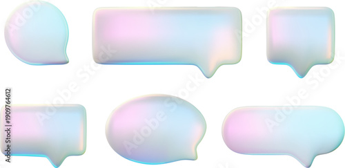 Glass holographic empty speech bubble 3D icon vector set, realistic volume roundish text bubble chat message pearl shine
