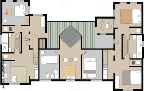 Modern architectural house floor plan, professional layout with multiple bedrooms, kitchen, living areas, and central courtyard for residential building design projects, vector illustration.
