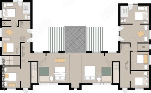 Detailed architectural house floor plan, modern residential layout with multiple bedrooms, bathrooms, and central courtyard for professional building design and real estate vector projects.