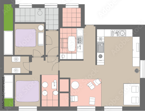 Modern symmetrical U-shaped house floor plan vector illustration featuring multiple bedrooms, private bathrooms, and a central courtyard for residential architectural design projects.