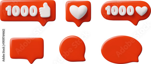 Heart and 1000 symbol in red speech bubble 3D icon vector set, social media chat message, appreciative, love like symbol