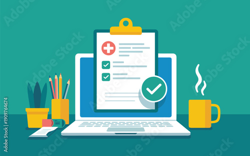 A medical checklist appears on a laptop screen with office supplies and a hot beverage
