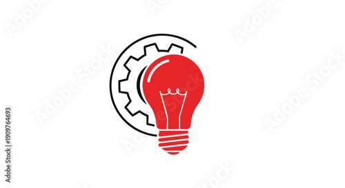 Red light bulb icon with gear in the background symbolizing innovation