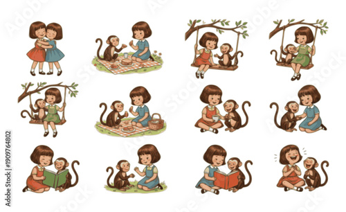 Vintage Girl and Monkey Best Friends Illustration Set - Cute Retro Cartoon Friendship Graphics Isolated on White