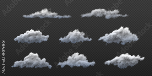 Soft fluffy cloud icons vector set, realistic meteorology weather forecast cloudy symbol, mist, haze, smoke or fog