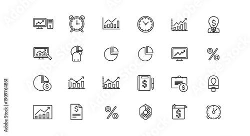 Business graphs and charts icons. Business statistics and analytics, charts diagrams, money, down or up arrow. graph growth silhouette icon set
