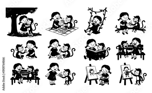 Vintage Girl and Monkey Best Friends Illustration Set - Cute Retro Cartoon Friendship Graphics Isolated on White