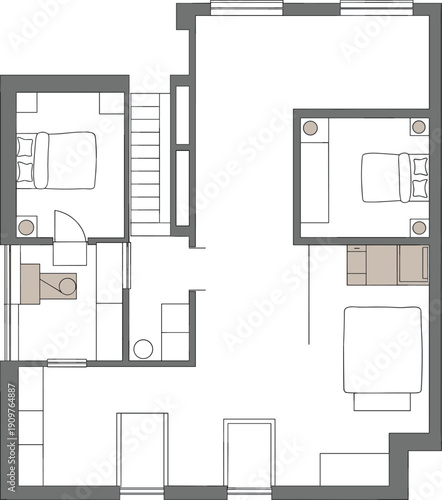 Modern three bedroom house floor plan vector illustration featuring open concept living area workspace internal staircase and minimalist architectural residential home design.