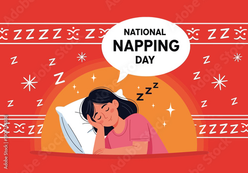 Woman sleeping peacefully on national napping day with zzz symbols around her