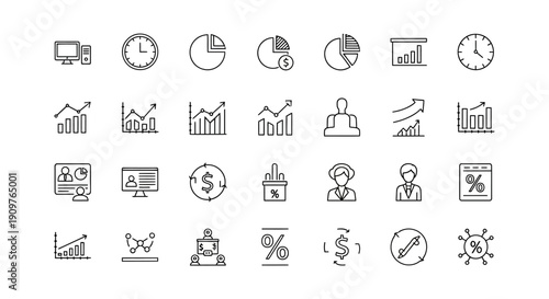 Business graphs and charts icons. Business statistics and analytics, charts diagrams, money, down or up arrow. graph growth silhouette icon set
