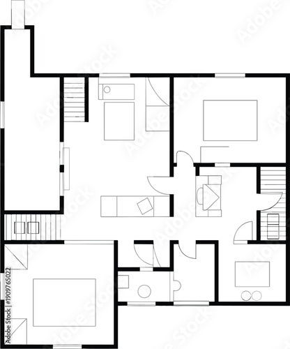Minimalist apartment floor plan vector illustration featuring clean black outline layout with multiple rooms living area kitchen and architectural residential home design.