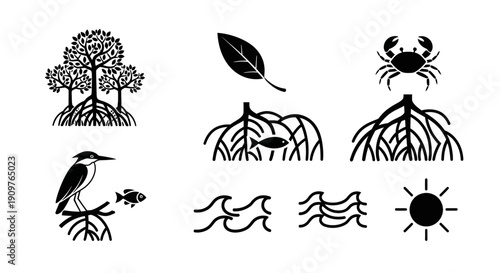 Mangrove ecosystem elements: trees, roots, leaves, crab, bird, fish, waves, and sun icons.