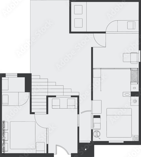 Modern house floor plan vector illustration featuring two bedroom layout spacious living area internal staircase and detailed architectural residential home design.