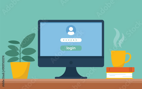 A modern computer screen shows a login page on a desk next to a green plant and coffee mug