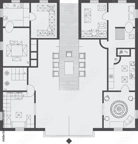 Modern U-shaped house floor plan vector illustration featuring central outdoor wooden deck dining area multiple bedrooms and detailed residential architectural home design layout.