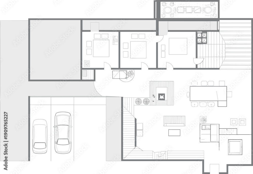 Fototapeta Modern house floor plan vector illustration featuring three bedroom layout spacious open living area two car garage and detailed residential architectural home design.