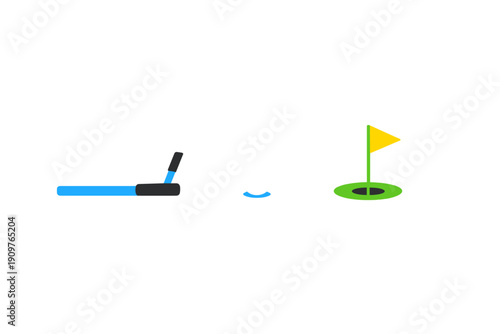 Golf practice session at a driving range in the late afternoon with a golf club, ball, and flag