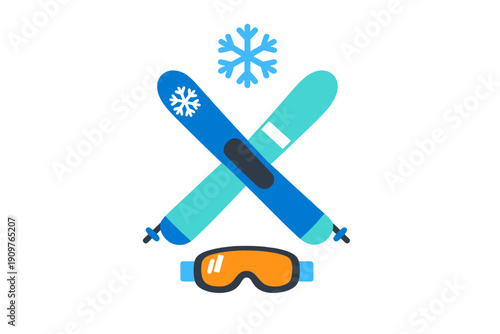 Crossed skis and goggles display a winter sports theme with a snowflake above, indicating a cold weather activity scene