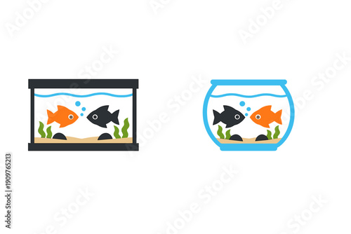 Goldfish swimming in a black aquarium and a blue bowl with plants and rocks on a plain white background