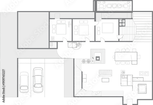 Modern house floor plan vector illustration featuring three bedroom layout spacious open living area two car garage and detailed residential architectural home design.