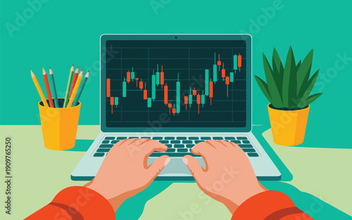 A modern laptop computer screen displays detailed financial candlestick charts for stock market trading and analysis