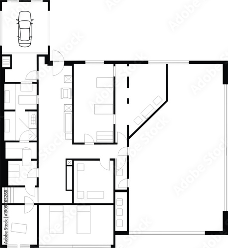 Modern house floor plan vector illustration featuring detached garage single car parking three bedroom layout and spacious open living area architectural residential design.