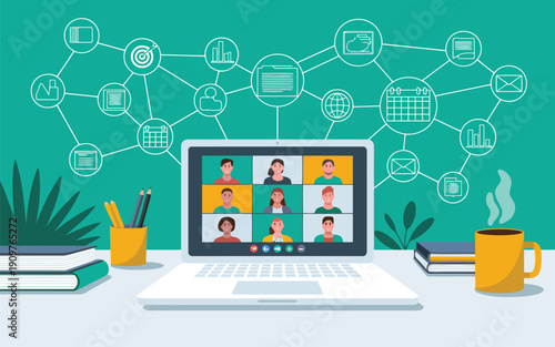 A modern laptop on a desk displaying a video conference call surrounded by interconnected digital work icons