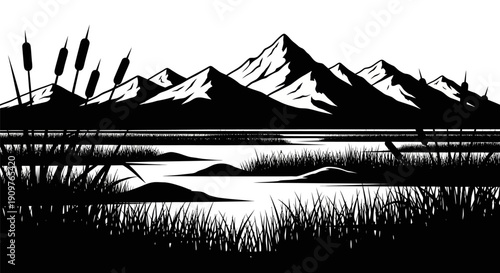 Black and white illustration of a serene mountain lake with reeds and grass in the foreground, reflecting the majestic peaks.