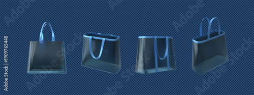 Transparent tote bags with hanging handles, blue shopping pouch with straps, clear plastic handbag mockup vector set