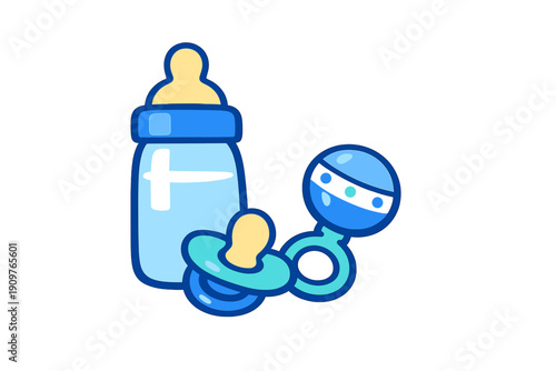 Baby feeding items including a bottle and pacifier with a rattle on a plain background for a child?s nursery