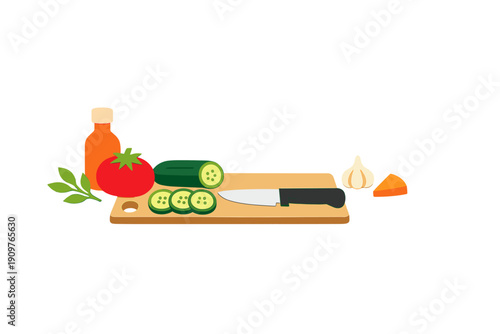 Chopping vegetables on a wooden cutting board with a knife and fresh ingredients in a kitchen setting during the day