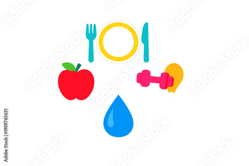 Various items representing healthy eating and exercise on a plain background showing an apple, cutlery, a plate, a water drop, a dumbbell, and chicken leg