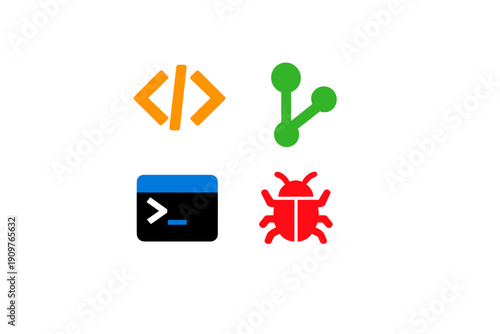 Symbols representing coding, sharing, command line, and debugging in a simple graphic format used in software development and programming concepts