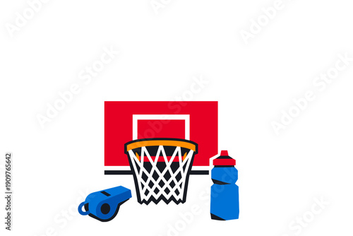Basketball hoop with a whistle and water bottle set up for practice in a sports area during the day