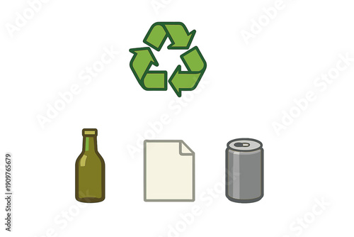 Recycling symbols and materials representing the process of reusing glass, paper, and aluminum waste for a sustainable environment