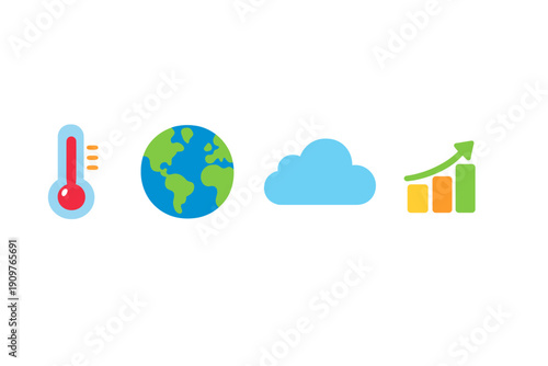 Showing climate change facts with symbols of temperature, Earth, clouds, and growth on a simple background