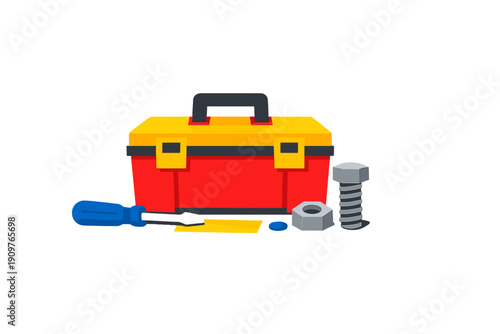 Toolbox with tools and hardware pieces arranged on a plain background for repair and maintenance work
