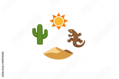 Desert scene shows sun shining over sand, cactus, and lizard in an arid landscape during daylight hours