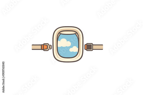 In-flight view from airplane window showing clouds with safety straps visible around the window frame during a flight