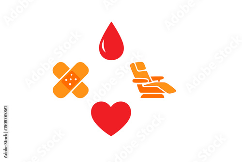 Symbols representing blood donation, health care, and helping others during the act of giving blood in a community setting at a local donation center