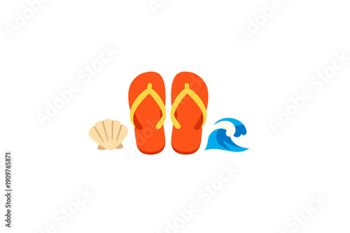 Bright orange flip flops sit beside a shell and a wave on a white background representing summer and beach activities