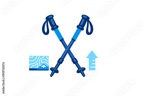 Hiking tools and gear including trekking poles and a map used for outdoor activities in nature