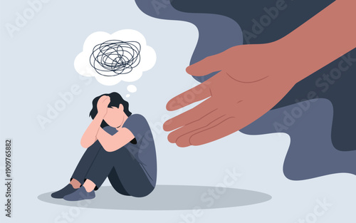 A person experiencing deep sadness and anxiety is offered help and comforting support from a large hand