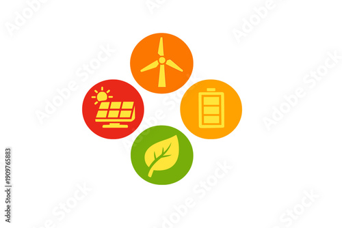 Icons representing renewable energy sources and storage solutions for a sustainable future in a simple colorful design