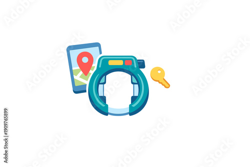 Smart device shows map location while a key and a ring are next to it in a simple workspace setting during the day