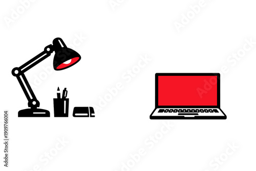 Workspace features a desk lamp and a laptop with a red screen placed next to each other, designed to show tools for productivity and creativity