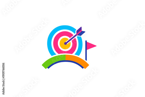 Colorful target with an arrow hitting the center, signifying success in achieving goals and objectives at a business event